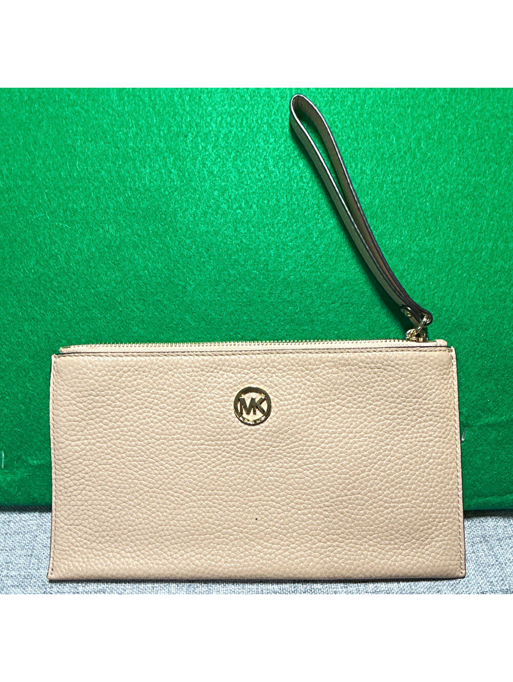 Michael Kors Fulton Pink Pebbled Leather Large Zip Clutch Wristlet Wallet Bag